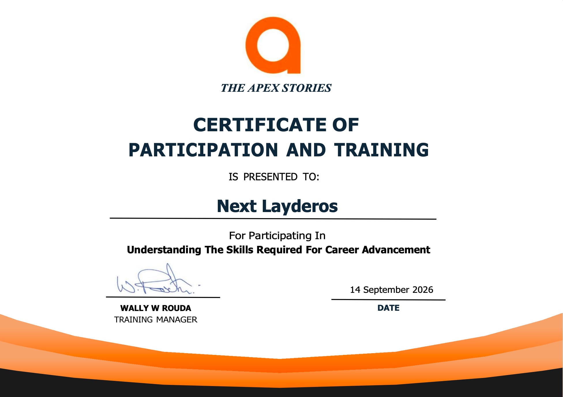 Certificate presented to Next Layderos, dated September 14, 2026.