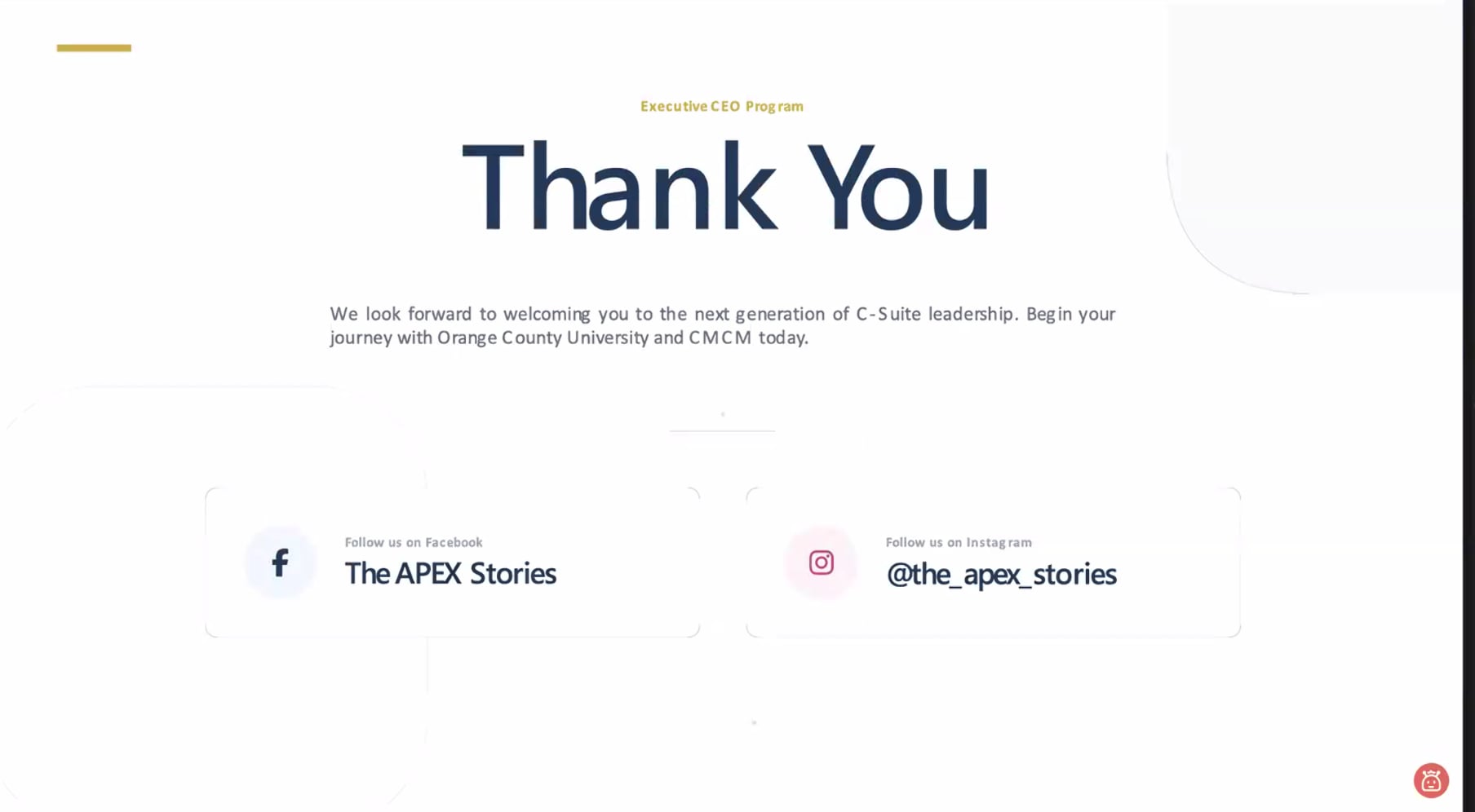 The APEX Stories closing presentation slide and social media details