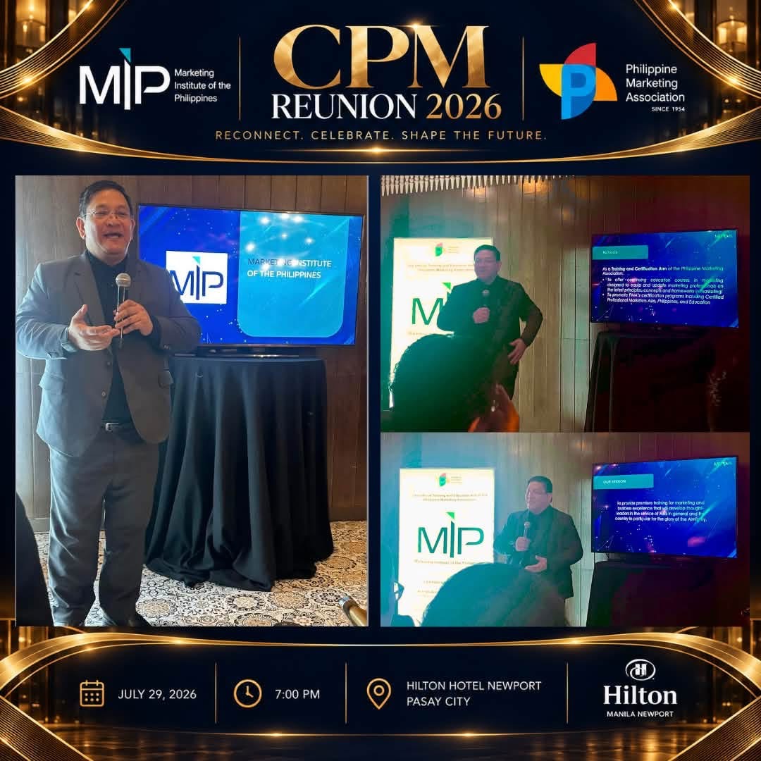 Photo montage of a presentation about the Marketing Institute of the Philippines at CPM Reunion 2026.