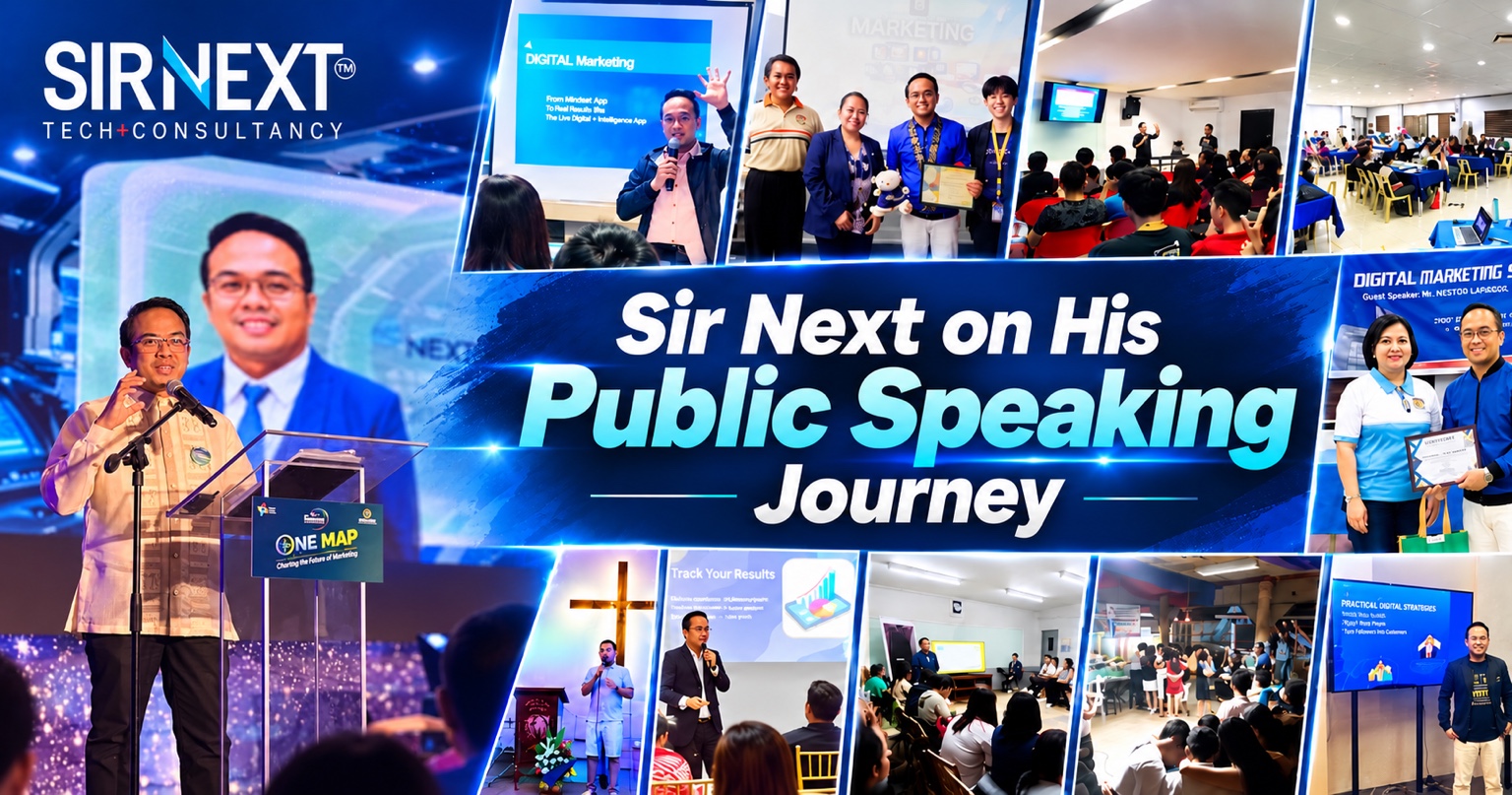 Sir Next on His Public Speaking Journey — a collage of speaking engagements, workshops, and learning experiences.