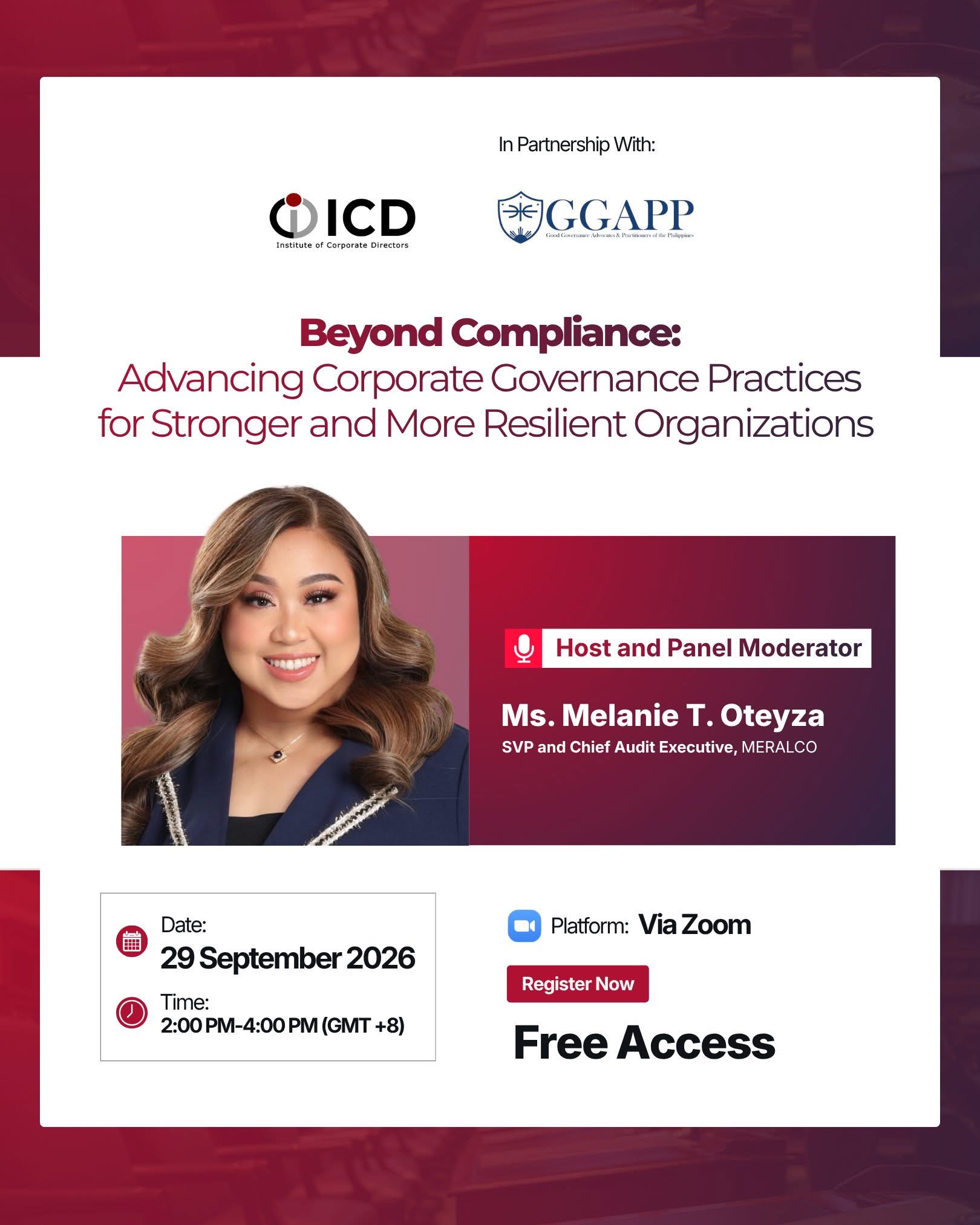 ICD Beyond Compliance event poster with moderator Melanie T. Oteyza of MERALCO