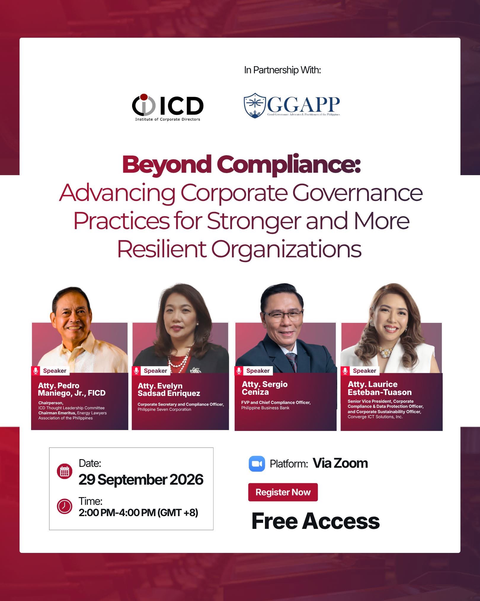 ICD Beyond Compliance panel poster featuring Pedro Maniego Jr., Evelyn Sadsad Enriquez, Sergio Ceniza and Laurice Esteban-Tuason