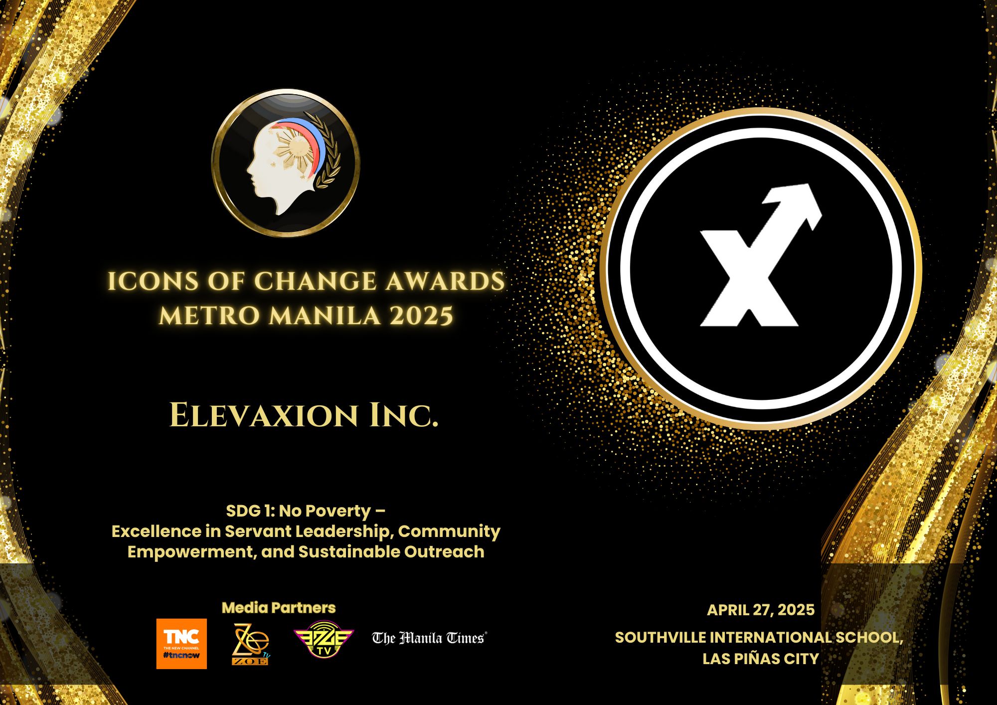 Organizer-supplied announcement: Elevaxion Inc., SDG 1 Excellence in Servant Leadership, Community Empowerment, and Sustainable Outreach.