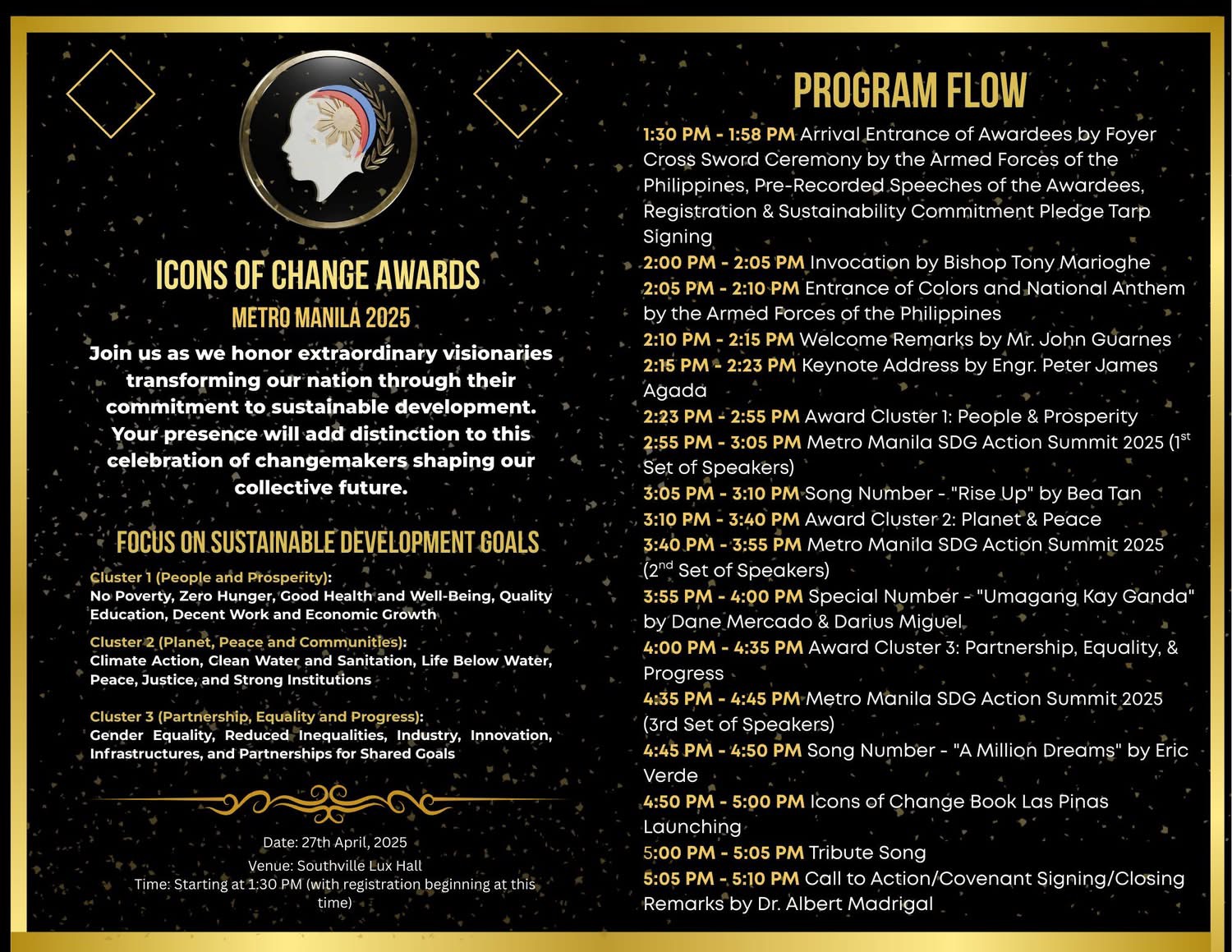 Official Icons of Change Metro Manila 2025 invitation and program flow dated April 27, 2025 at Southville Lux Hall