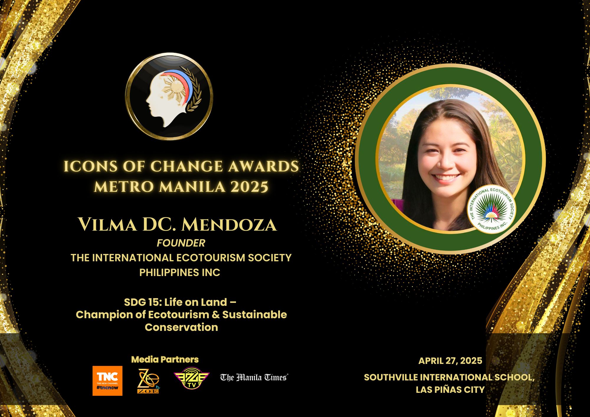 Organizer-supplied announcement: Vilma DC. Mendoza, SDG 15 Champion in Ecotourism and Environmental Conservation.