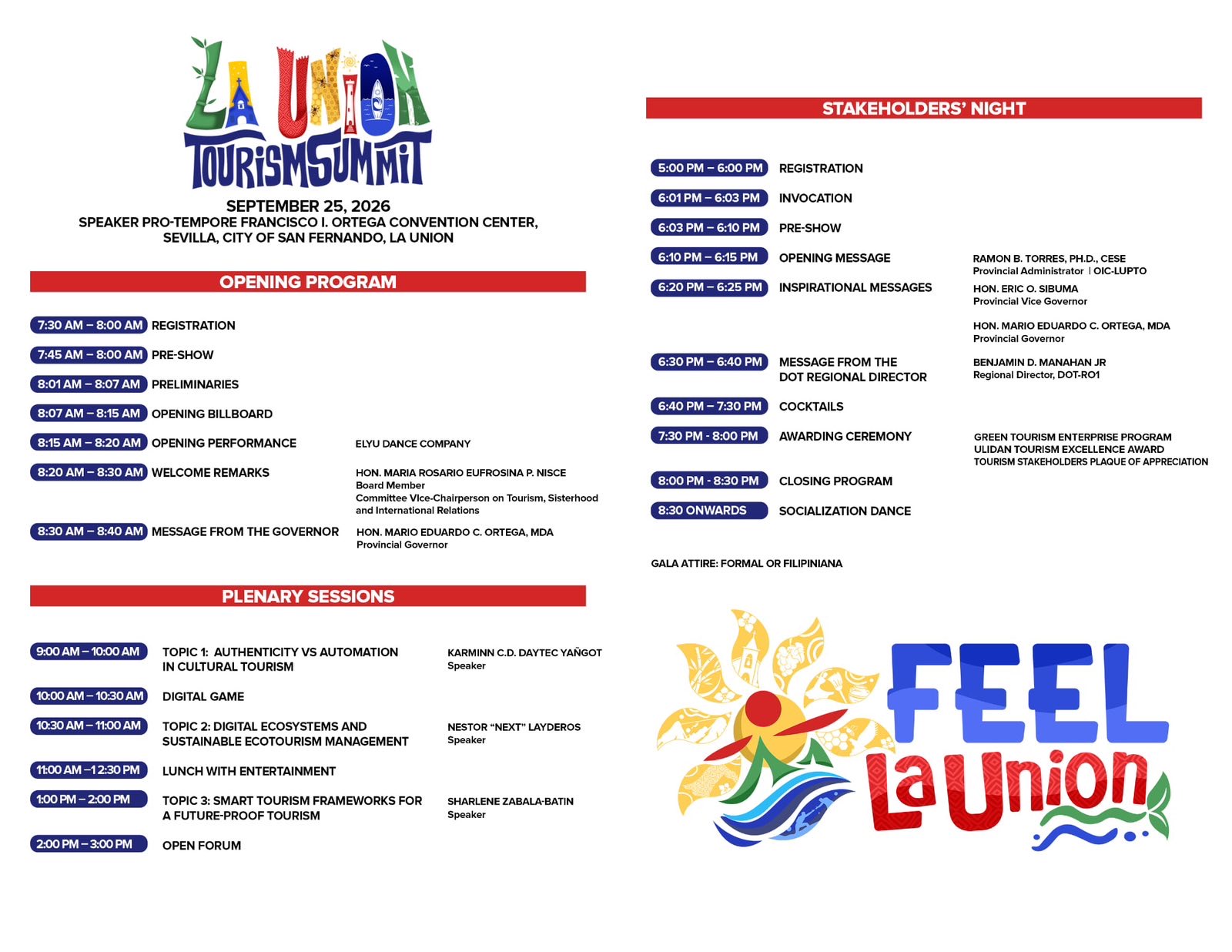 Official September 25 program showing the opening, plenary sessions, open forum, and Stakeholders’ Night