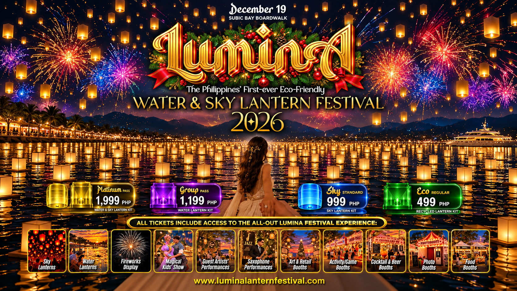 LUMINA Christmas promotional visual with lanterns, fireworks and December 19 ticket categories
