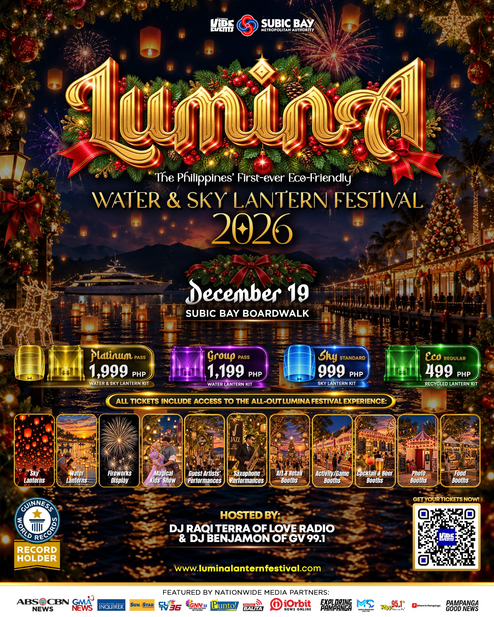 Official December 19, 2026 LUMINA festival poster with passes and attractions