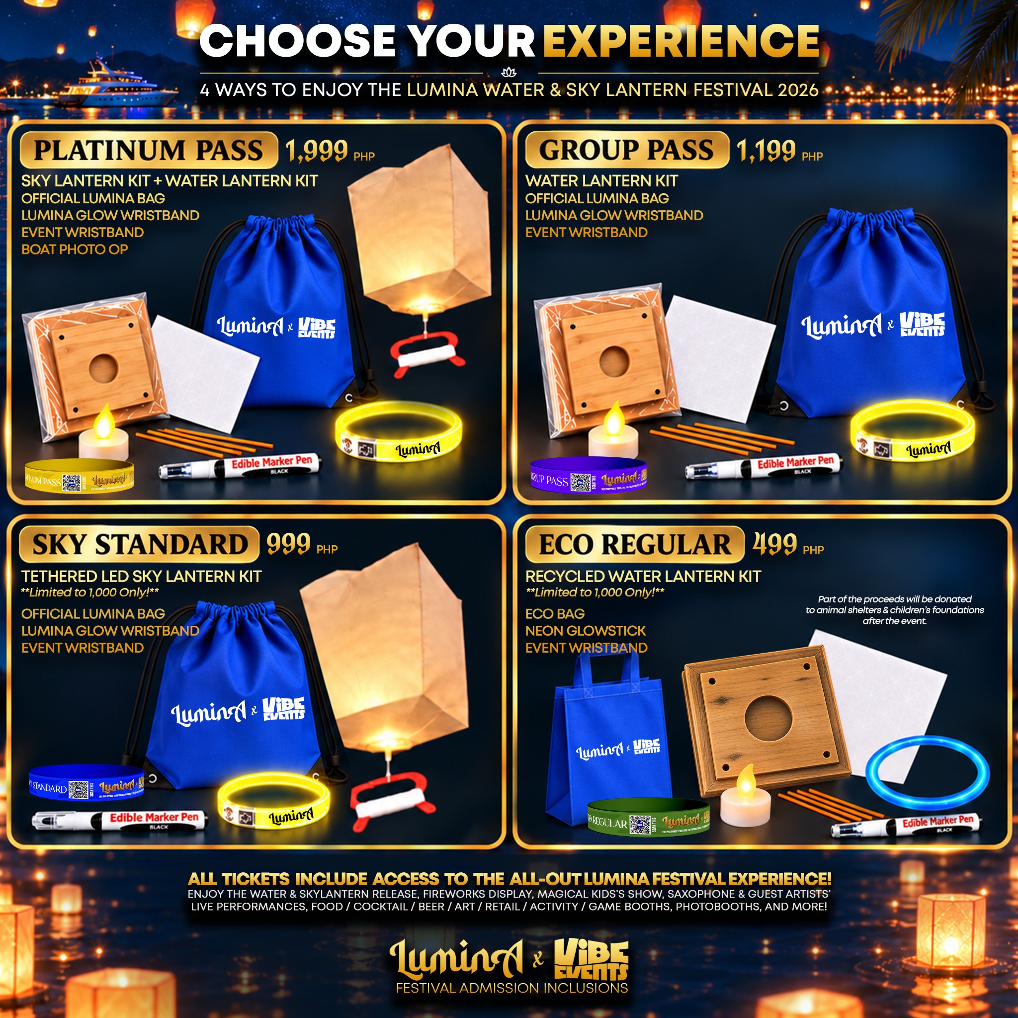 LUMINA ticket tier artcard showing Platinum, Group, Sky Standard and Eco Regular kits