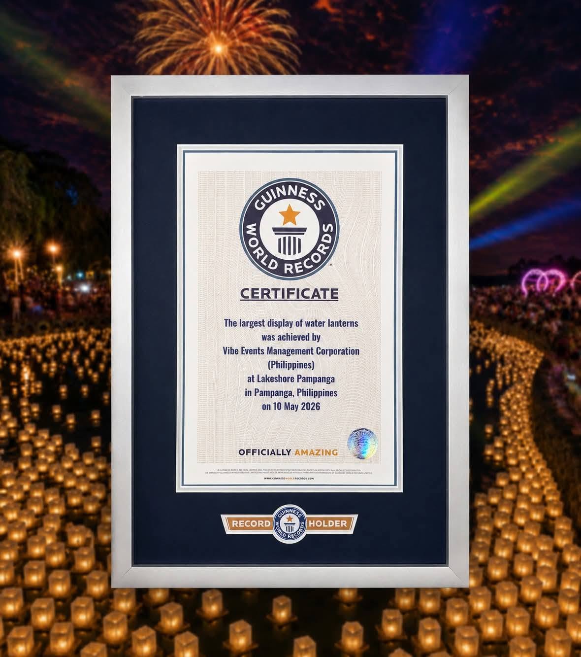 Guinness World Records certificate awarded to Vibe Events for the largest display of water lanterns on May 10, 2026