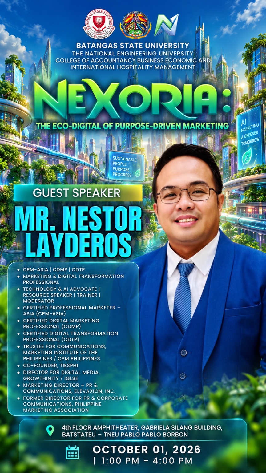 NEXORIA guest speaker poster featuring Nestor Sir Next Layderos