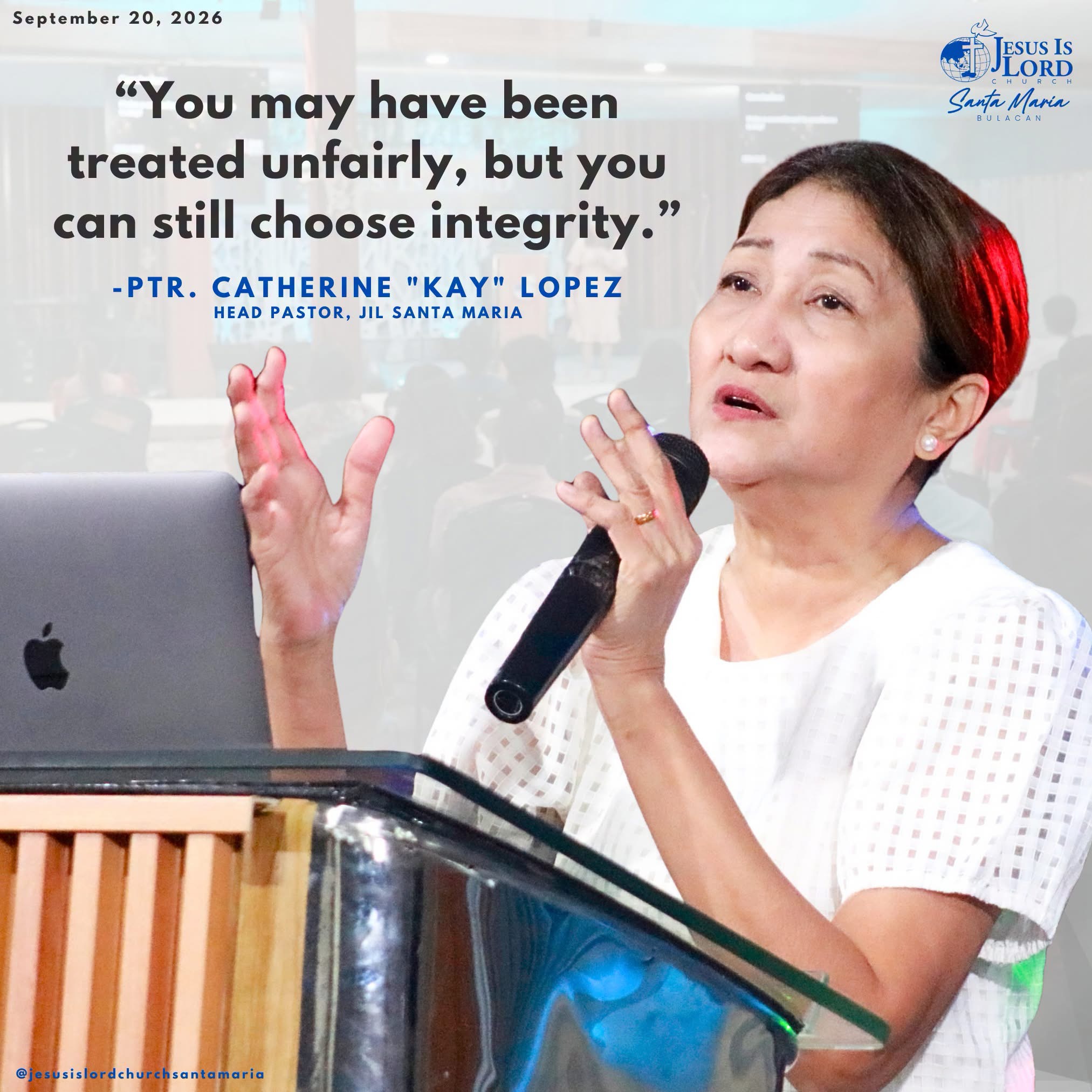 Pastora Catherine Kay Lopez’s JIL Santa Maria quotation artcard about choosing integrity, dated September 20, 2026