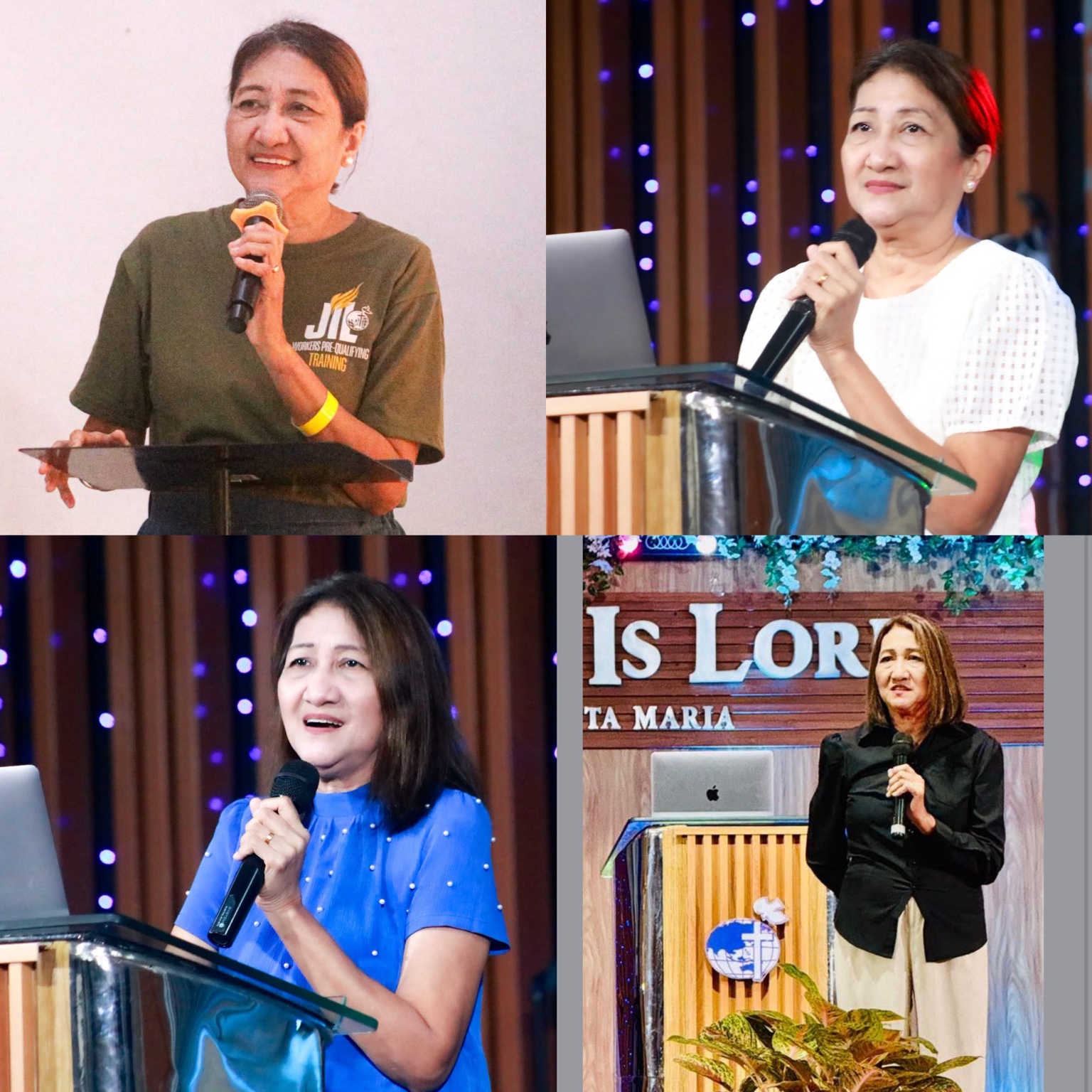 Four photographs of Pastora Kay Lopez speaking and teaching in church settings