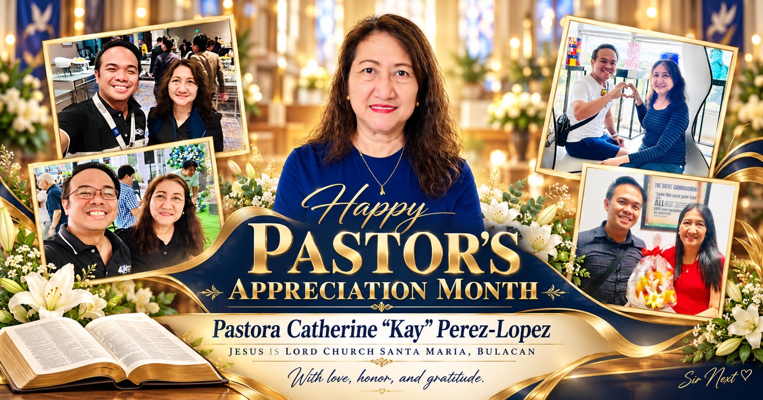 Pastor’s Appreciation Month tribute artcard honoring Pastora Catherine Kay Perez-Lopez of JIL Santa Maria, with photographs from Brother Next’s archive
