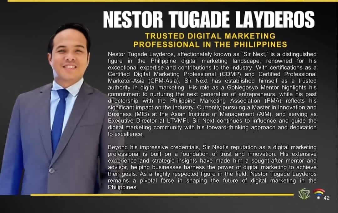 2024 PFBA artcard recognizing Nestor Tugade Layderos as Trusted Digital Marketing Professional in the Philippines