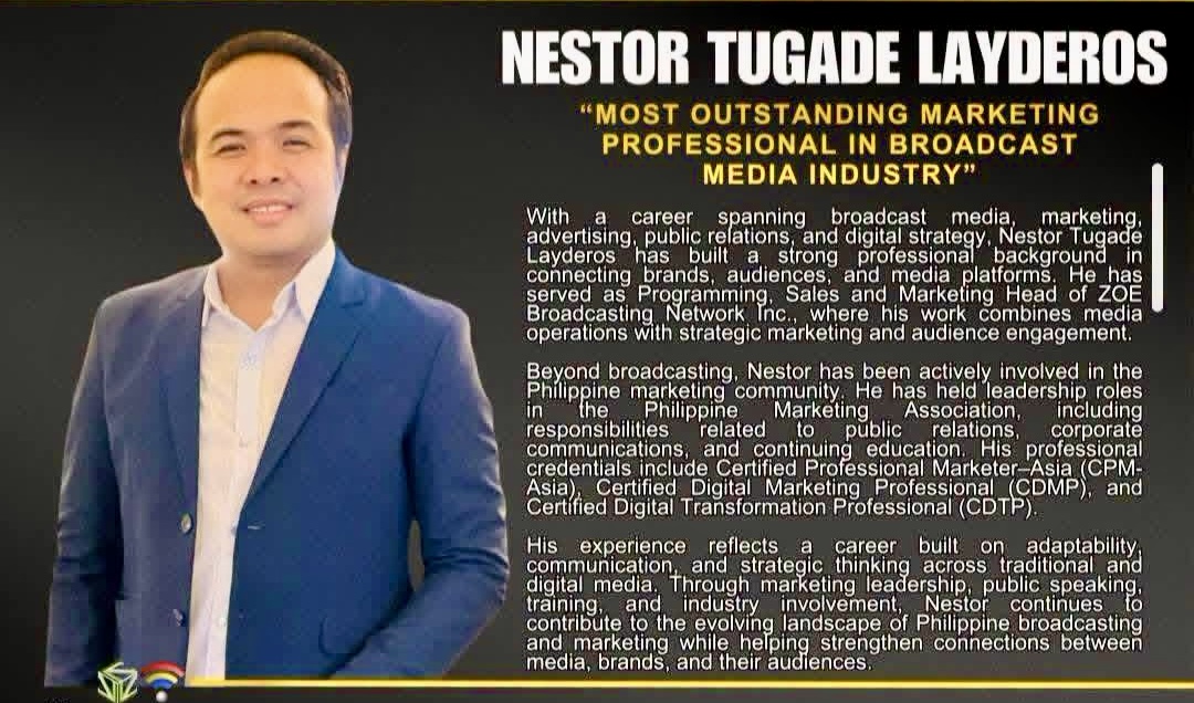 Award profile of Nestor Tugade Layderos, Most Outstanding Marketing Professional in Broadcast Media Industry, highlighting his broadcast, marketing, and digital strategy career.