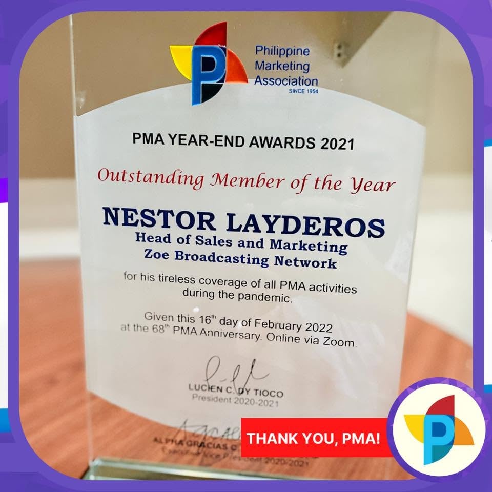 The award citation recognizes his coverage of PMA activities during the pandemic and records the February 16, 2022 presentation.