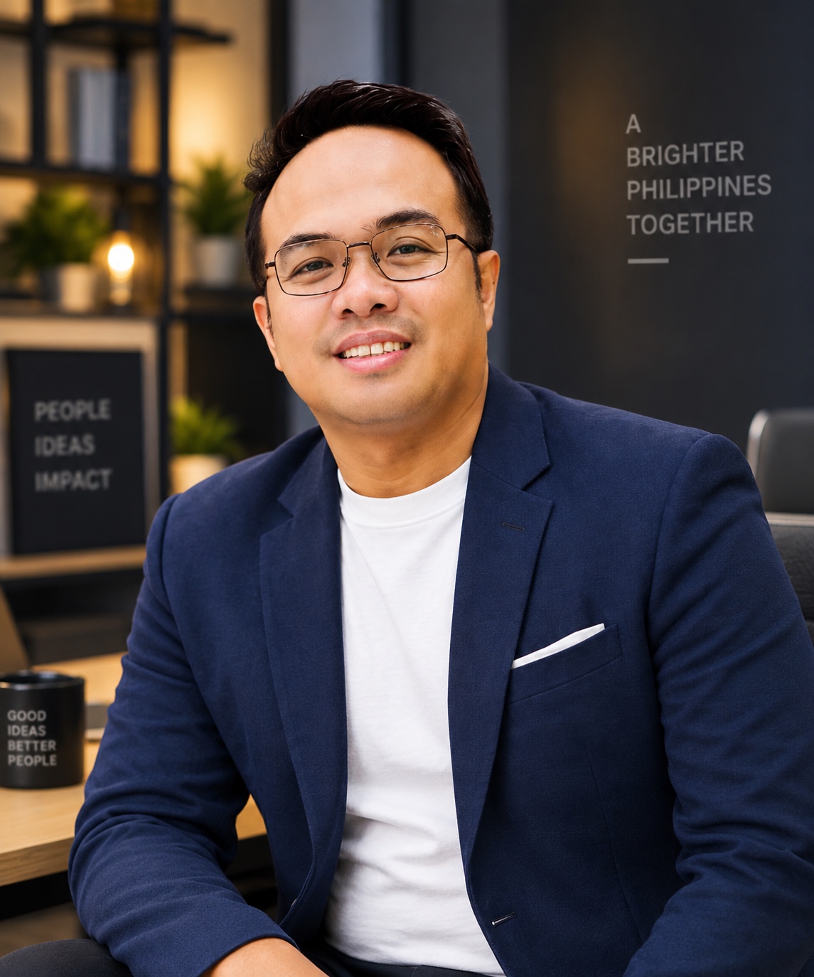 Sir Next smiling in a navy blazer and white shirt