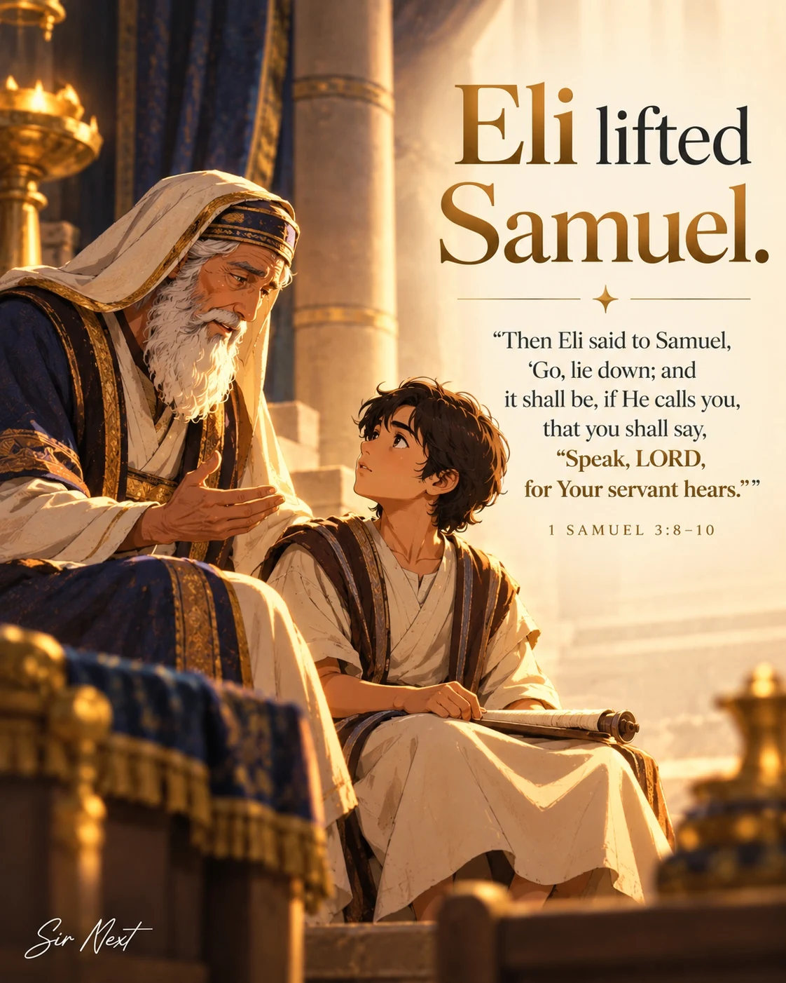 Eli gently guides young Samuel to answer the Lord’s call