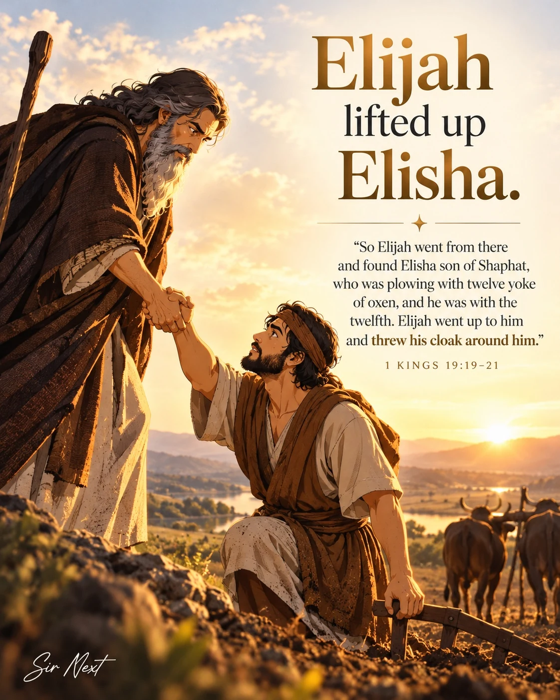 Illustration of Elijah placing his mantle on Elisha as he calls him to follow