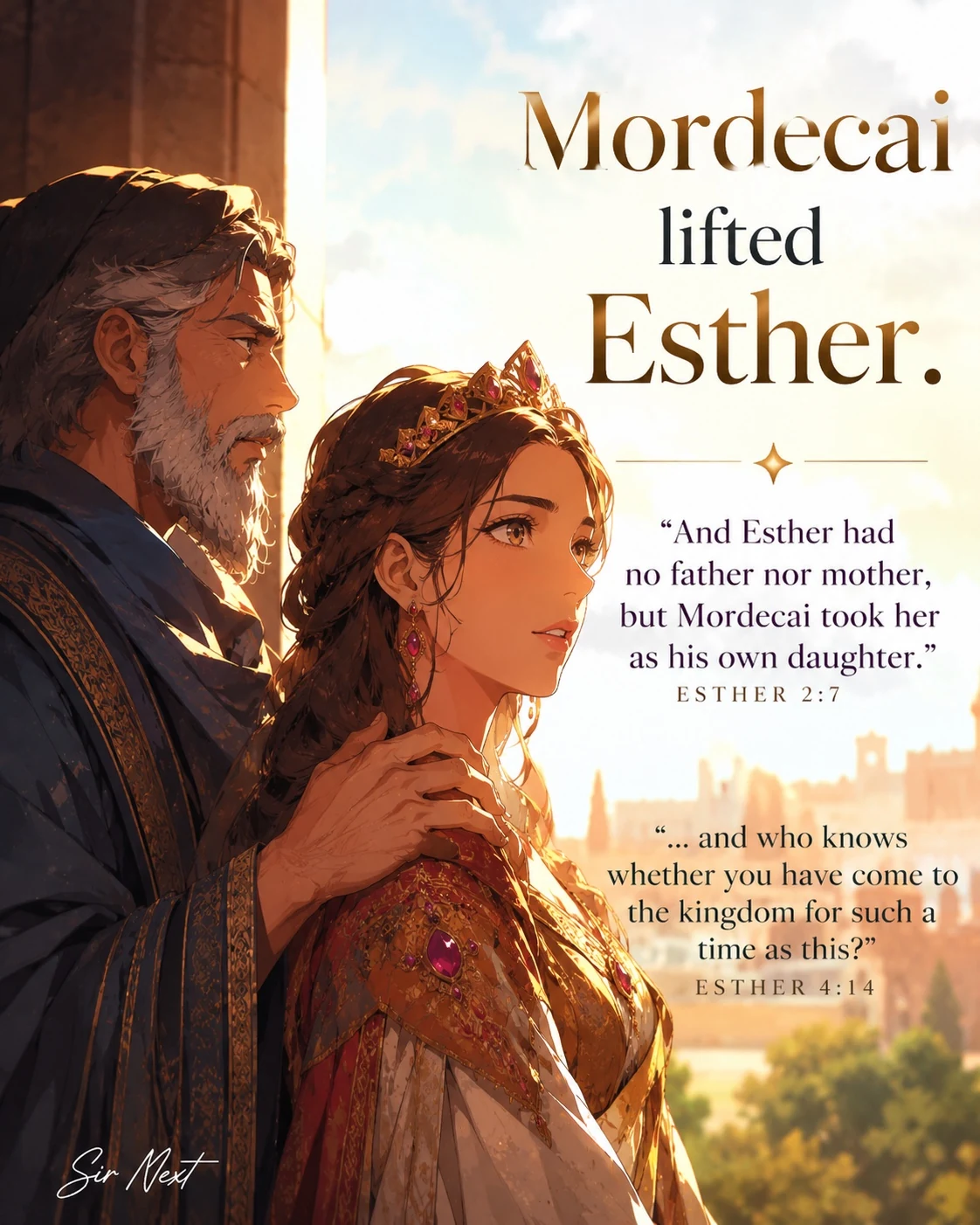 Mordecai stands beside Esther, encouraging her to consider her purpose