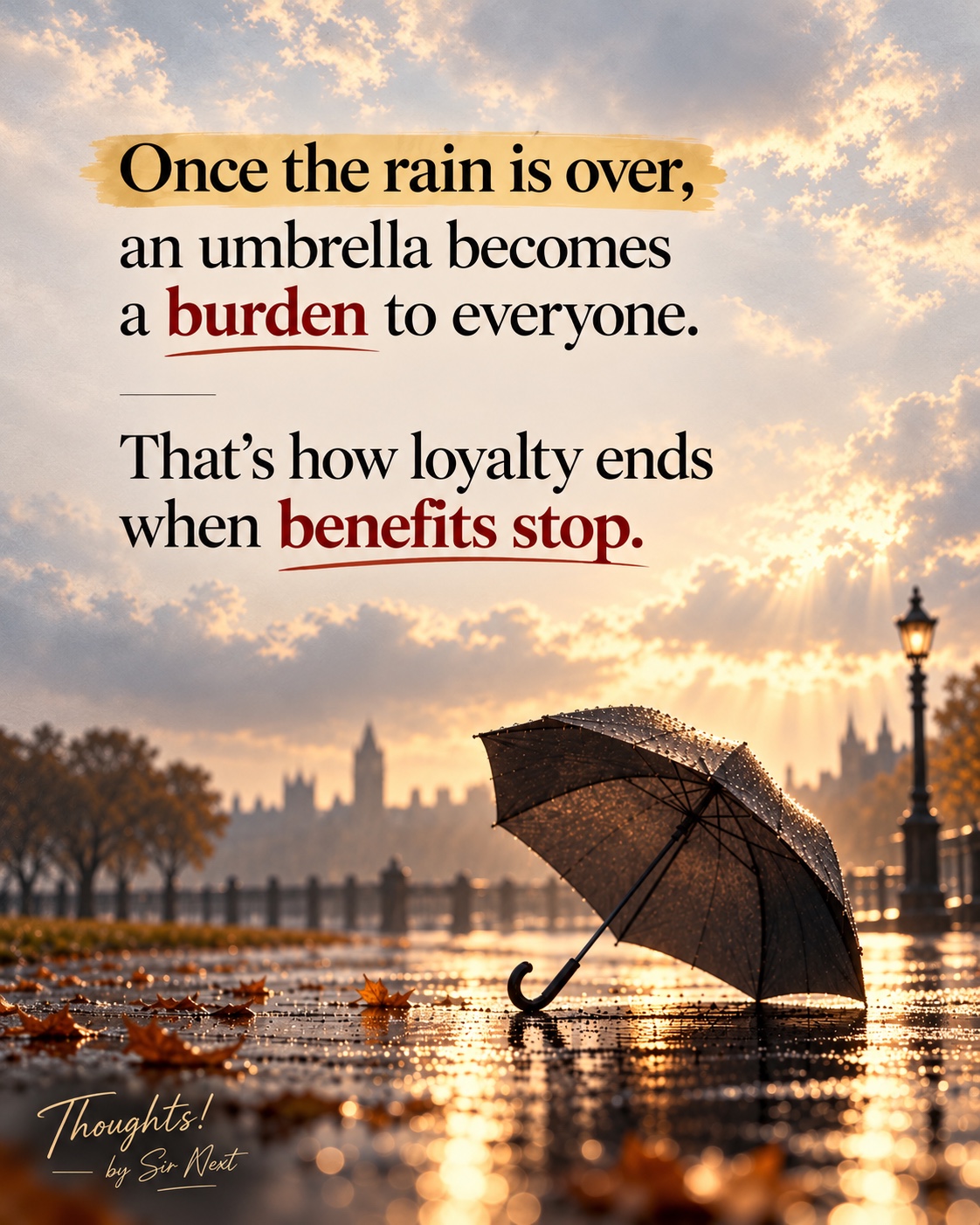 A wet umbrella resting on the pavement after the rain, beside a quotation about loyalty when benefits stop
